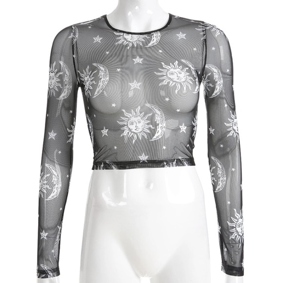 Punky Cosmic Sun Moon Sheer Mesh Crop Top - Picture 2 of 8